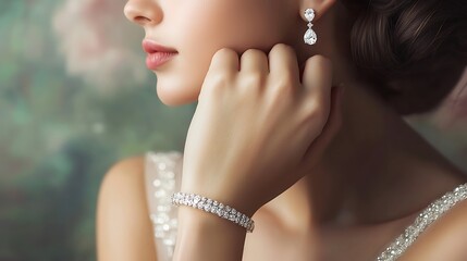 A woman wearing a diamond bracelet and earrings
