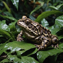 Fototapeta premium A horned frog camouflaged among the rainforest leaves, captured in sharp focus from the side.