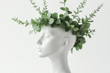 a mannequin head with green leaves on it