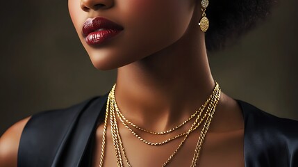 A woman with a gold necklace and red lipstick