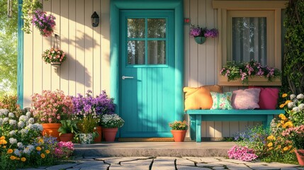 Charming front porch with colorful flowers in pots, a teal front door, and a cozy bench with cushions, sunny spring day generative ai