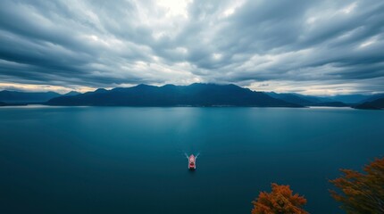 Fototapeta premium Solitary Vessel on Serene Lake: A Moody Landscape