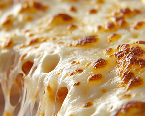 A macro shot showcasing the bubbling, melting four-cheese pizza fresh from the oven.