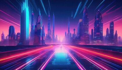 Obraz premium A futuristic cityscape featuring high-rise buildings illuminated by vibrant neon lights, creating a dazzling, high-tech atmosphere that captures the essence of a modern, digital metropolis. 
