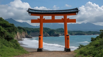 Orange Torii Gate Stands Before Ocean and Mountains