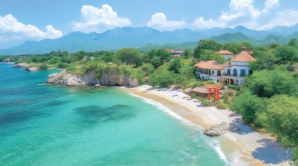 Coastal House With Torii Gate And Mountain View