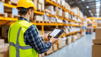 A worker in a warehouse uses a device to manage inventory amidst shelves of boxes.