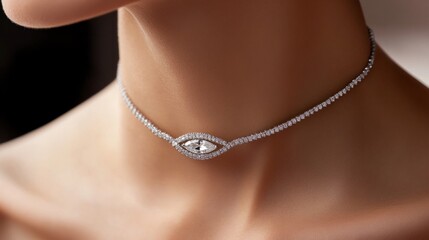 Choker with central marquise-cut diamond and subtle pave detail on the edges generative ai