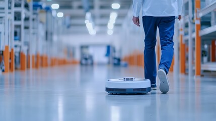 A person walks alongside an autonomous robot in a modern industrial setting.