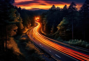 A stunning long exposure photograph depicting a road at night time