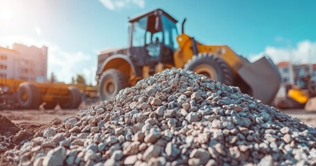 Sunny construction scene  yellow loader moves gravel under bright blue sky with positive vibe