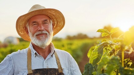Fototapeta premium Sustainable Agricultural Practices in Action with Farmers in a Vibrant Field at Sunrise