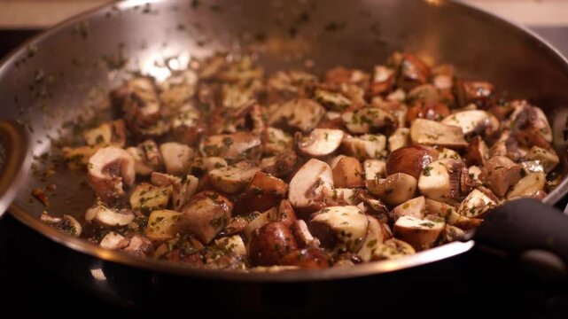 Cuisine traditionnelle fran&ccedil;aise, avec une po&ecirc;l&eacute;e de champignons aux herbes, fumant, fr&eacute;missant, &agrave; feu doux, puis remuage des champignon dans une po&ecirc;le en acier inoxydable, pour un repas gastronome