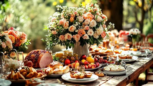 Rotating view of a decorated easter table laden with food and flowers, creating an elegant outdoor dining experience