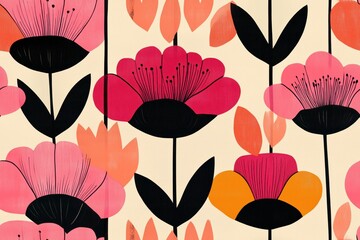 Fototapeta premium Padrão floral contínuo com flores estilizadas em tons vibrantes de rosa, laranja e preto, com folhas detalhadas em fundo claro, criado com IA generativa. 