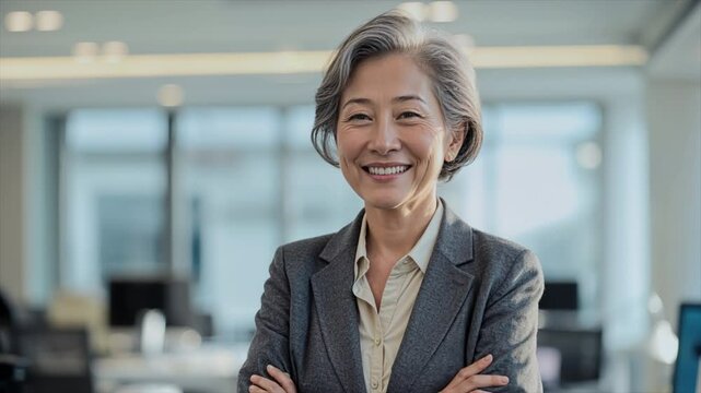 A confident old woman smiling with crossed arms in a professional office environment. Success and institutionalization. 05-1.