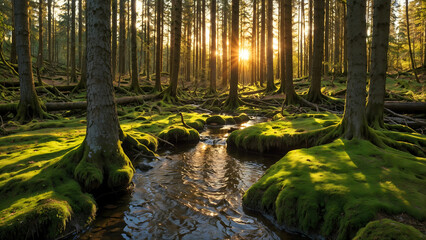 Peaceful sunset in a dense forest clearing, with sunlight streaming through the tall trees, casting long shadows on the mossy ground, and a small stream reflecting the colorful sky