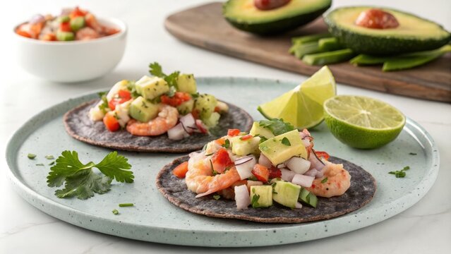 Blue corn tostadas topped with spicy seafood salad and diced avocado, topping, avocado, seafood salad