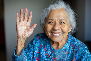 Senior Hispanic Woman smiling and waving hello in her cozy living room, copy space