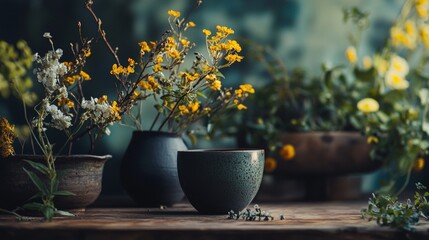 Rustic floral arrangement with earthy tones in ceramic pots