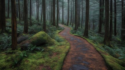 Obraz premium Winding Forest Path Through Mossy Green Woods