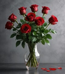 Obraz premium Bouquet of dark red roses in a sleek glass vase, elegant centerpieces, rose arrangement