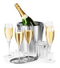 Champagne and buckets with ice isolated on white