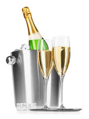 Champagne and bucket with ice isolated on white