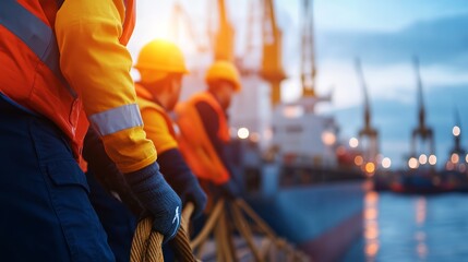 Workers handling ropes at a port during sunset, emphasizing teamwork in maritime industry.