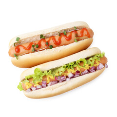 Two tasty hot dogs isolated on white, top view
