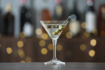 Martini cocktail with olives in glass on wooden table against blurred background. Bokeh effect