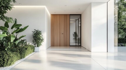 Fototapeta premium Newly built residence featuring a wooden front entrance and a blank, white interior. 