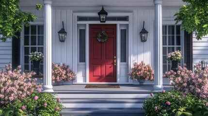Fototapeta premium Classic front porch with white columns, a red front door, and two lanterns on either side, surrounded by blooming flowers, realistic generative ai
