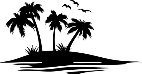 Silhouette of Tropical Island with Palm Trees and Birds in Black Vector Style, Ideal for Travel and Nature Themes