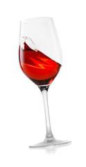 Rose wine splashing in glass on white background