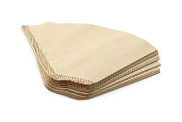 Stack of paper coffee filters isolated on white