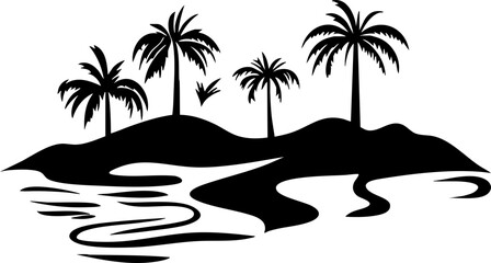 Stylized Black Silhouette of Palm Trees on an Island, Perfect for Tropical Themes and Designs