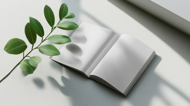 Blank Book with Green Leaves - Minimalist and Nature-Inspired Design - Powered by Adobe