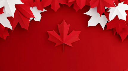 Canada Day artistic design with red and white maple leaves creating a layered border, symbolizing Canadian pride, patriotism, and festive holiday celebration themes