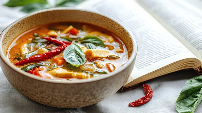 Thai massaman curry and clear soup appearing on the pages of an open book, capturing their appeal on a white background.