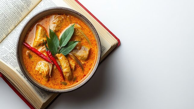 Thai massaman curry and clear soup appearing on the pages of an open book, capturing their appeal on a white background.