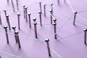 Network connection. Nails linked together by thread on violet background, closeup