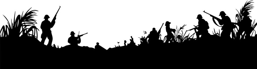 Silhouetted Soldiers in Combat: A dramatic depiction of soldiers with rifles, set against a stark background, suitable for war-themed projects.