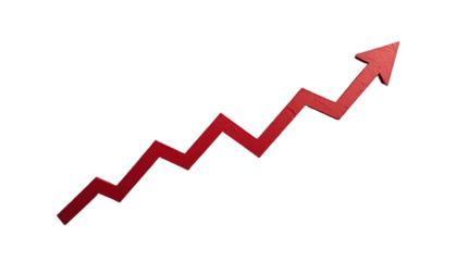 A red upward arrow graph illustrates a rising trend, symbolizing growth and success,