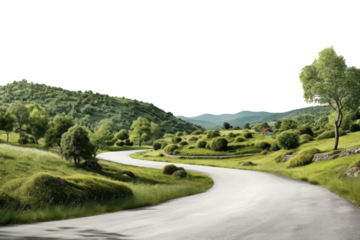 Scenic winding road through lush green hills with distant mountains under a clear sky isolated on transparent background