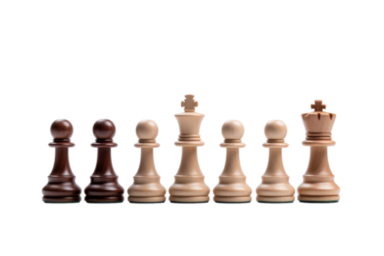 Chess pieces lined up on a white background showcasing detailed craftsmanship and contrasting colors isolated on transparent background