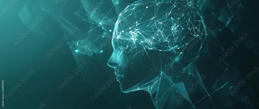 Poster abstract polygonal background with a human head and neural connection lines in a blue-teal color for