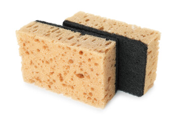 Two soft sponges isolated on white. Cleaning supply