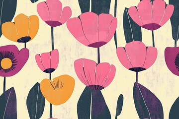 Fototapeta premium Padrão floral contínuo com flores estilizadas em tons vibrantes de rosa, laranja e preto, com folhas detalhadas em fundo claro, criado com IA generativa. 