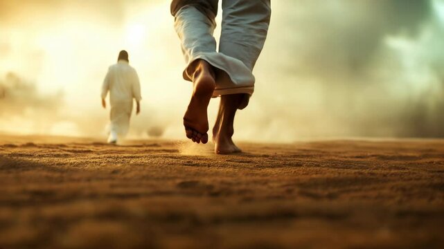 A man s journey in the sand walking towards jesus in a spiritual quest for faith